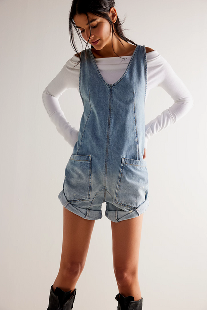 Washed Denim Romper with Adjustable Straps and Pockets