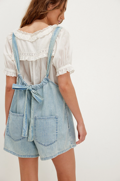 Adjustable Strap Washed Denim Romper with Front Pockets