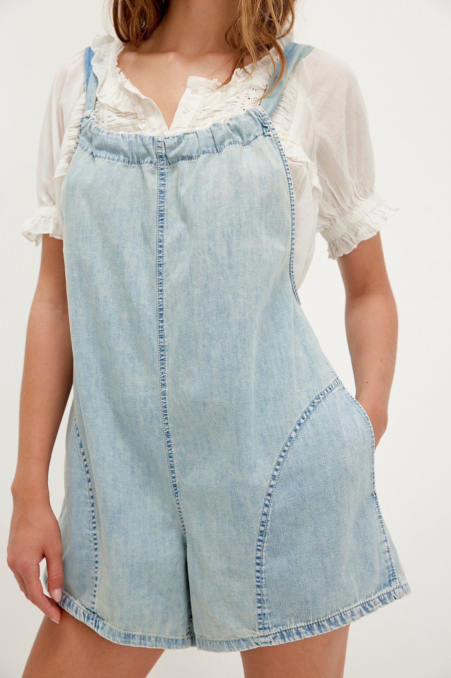 Adjustable Strap Washed Denim Romper with Front Pockets