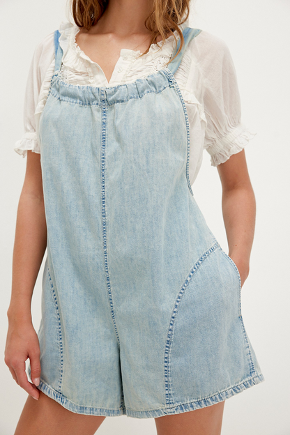 Adjustable Strap Washed Denim Romper with Front Pockets