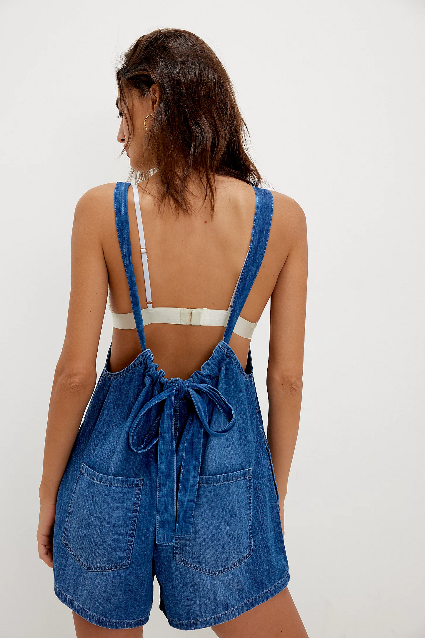 Adjustable Strap Washed Denim Romper with Front Pockets