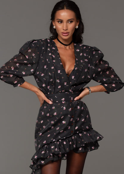 Sweet Floral V-Neck Puff Sleeve Ruffle Dress