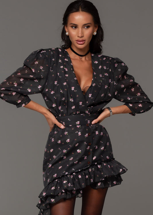 Sweet Floral V-Neck Puff Sleeve Ruffle Dress