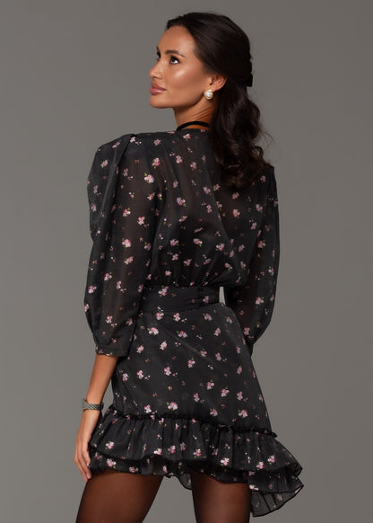Sweet Floral V-Neck Puff Sleeve Ruffle Dress
