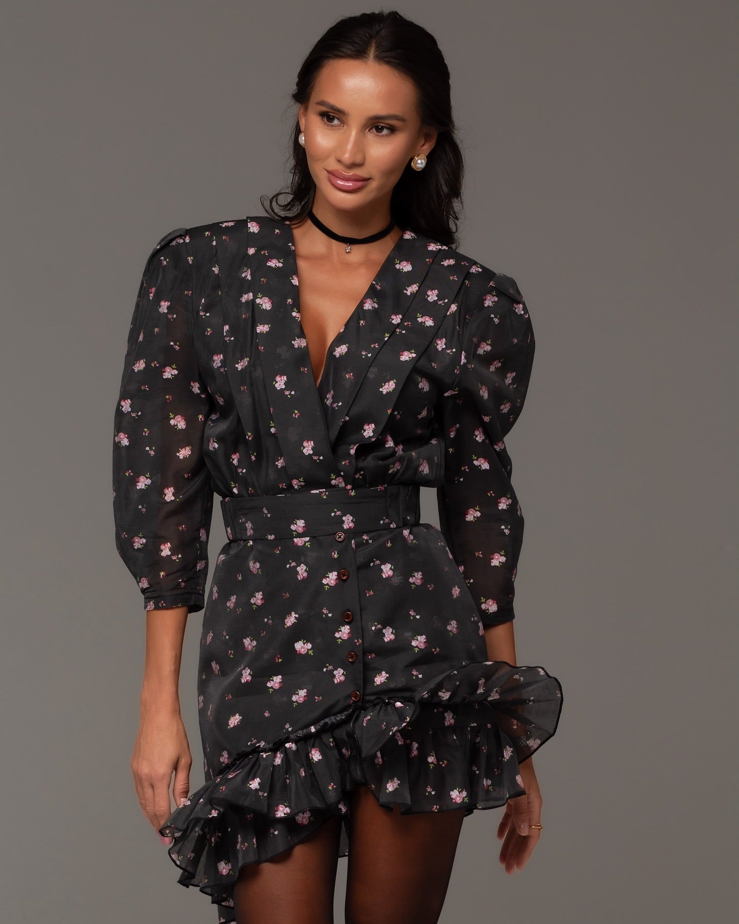 Sweet Floral V-Neck Puff Sleeve Ruffle Dress