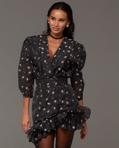 Sweet Floral V-Neck Puff Sleeve Ruffle Dress