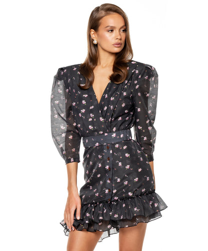 Sweet Floral V-Neck Puff Sleeve Ruffle Dress