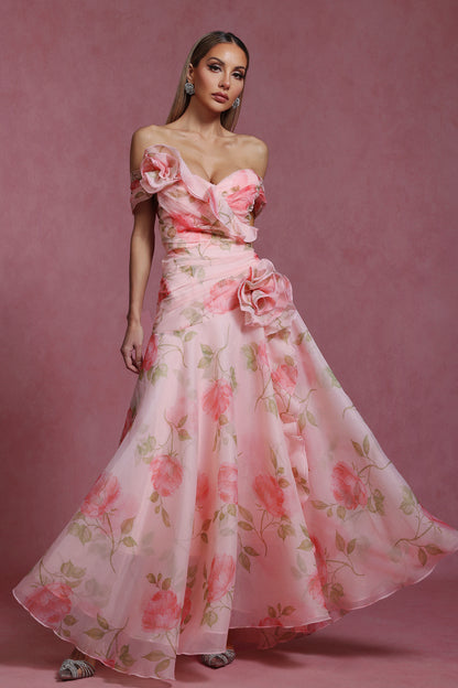 French Vintage Floral One-Shoulder Dress