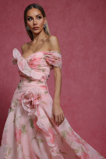 French Vintage Floral One-Shoulder Dress