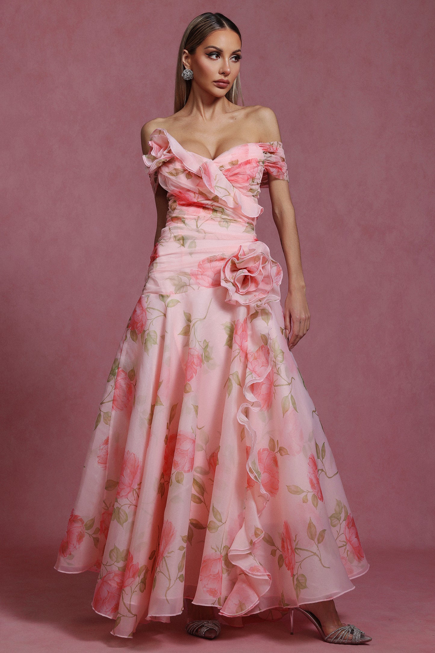 French Vintage Floral One-Shoulder Dress