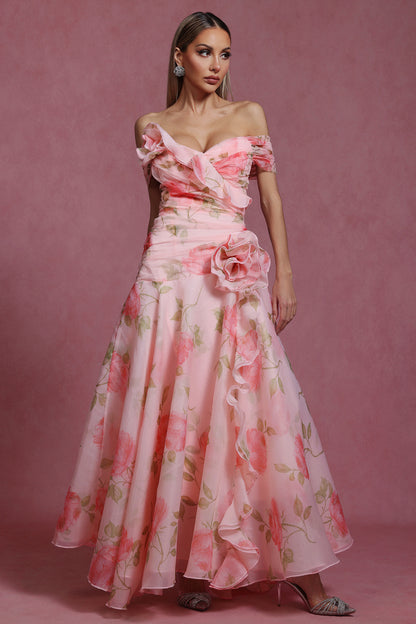 French Vintage Floral One-Shoulder Dress