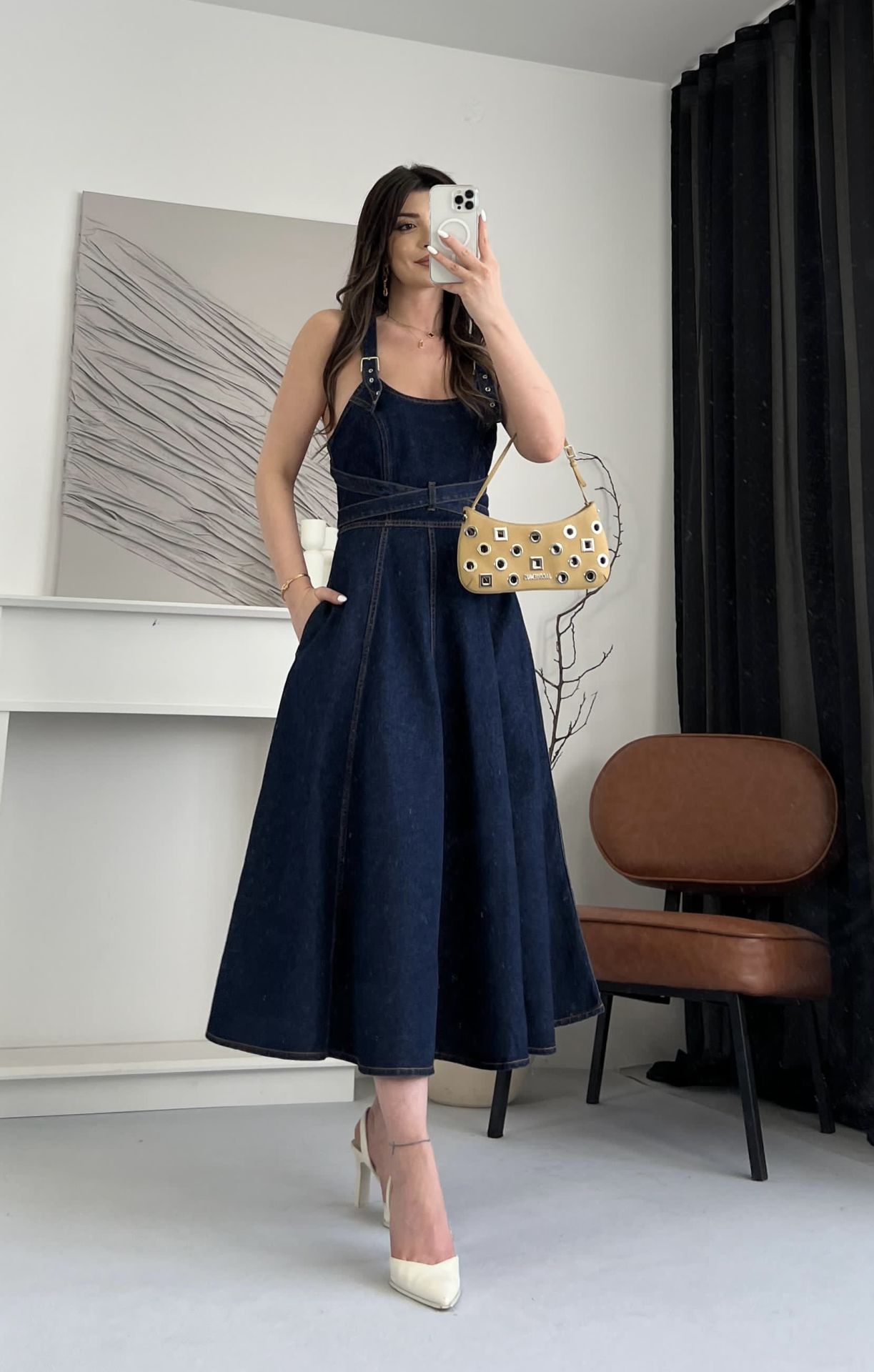 Detachable Strap Backless Denim Maxi Dress