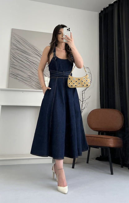 Detachable Strap Backless Denim Maxi Dress