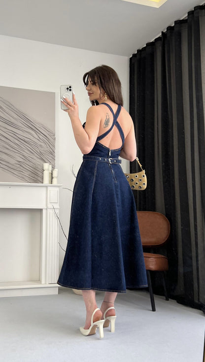 Detachable Strap Backless Denim Maxi Dress