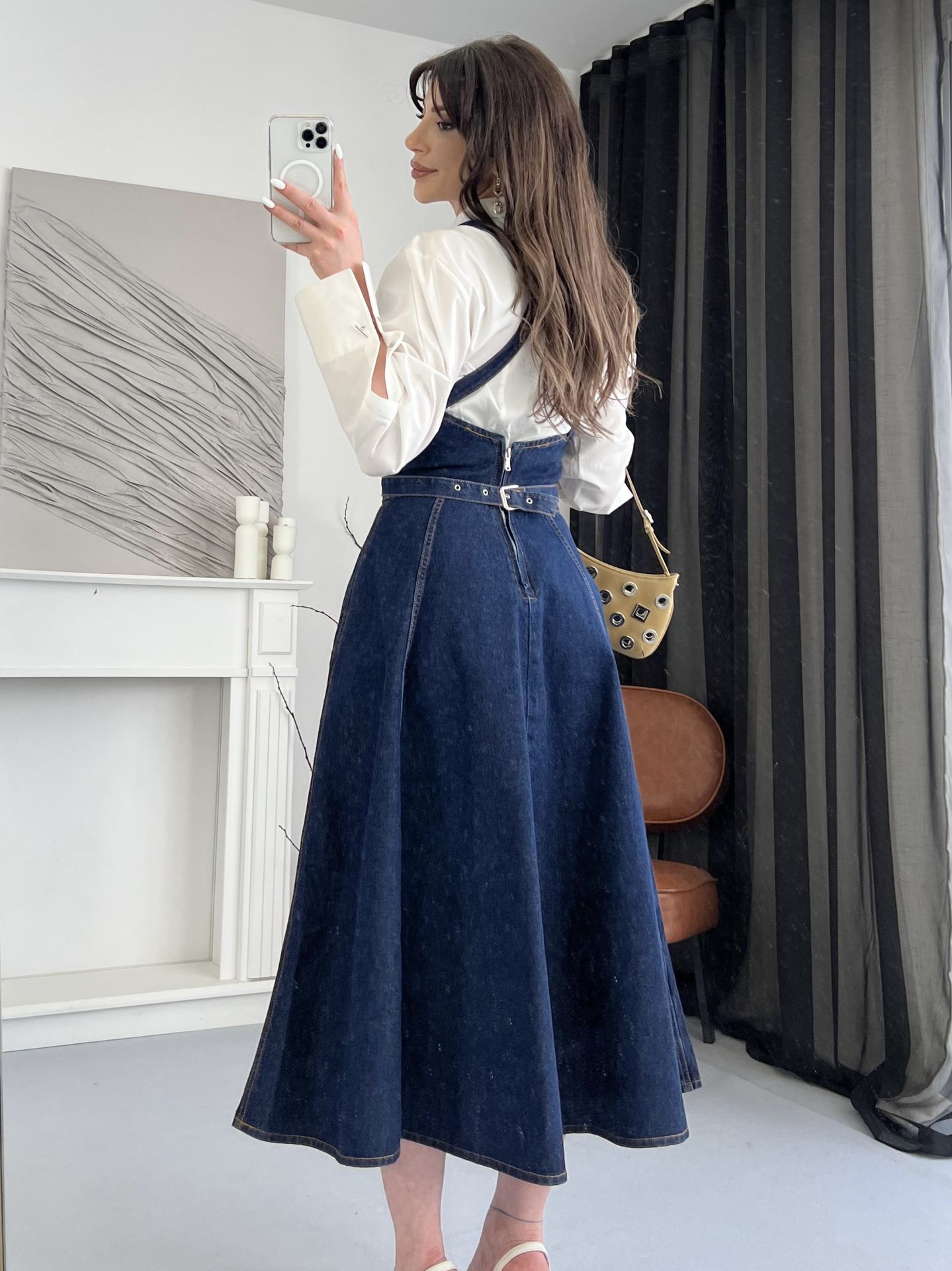 Detachable Strap Backless Denim Maxi Dress