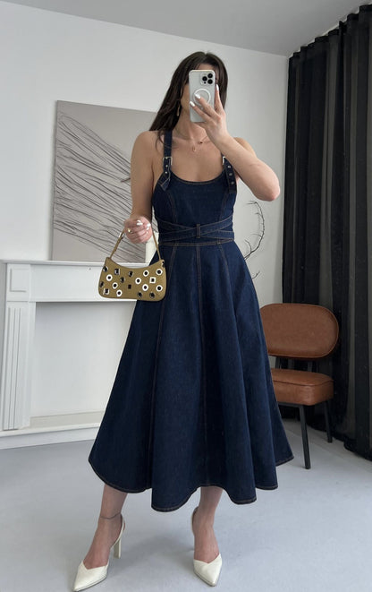 Detachable Strap Backless Denim Maxi Dress