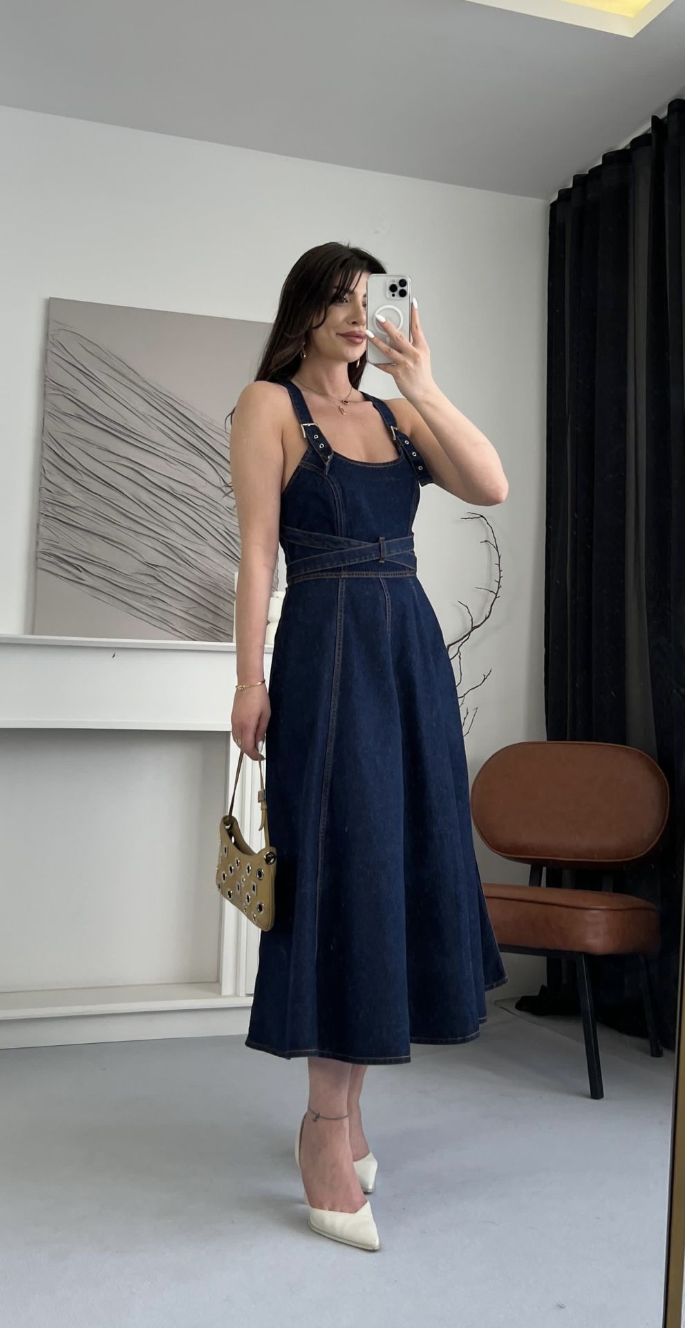 Detachable Strap Backless Denim Maxi Dress