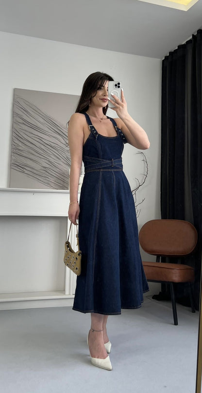 Detachable Strap Backless Denim Maxi Dress