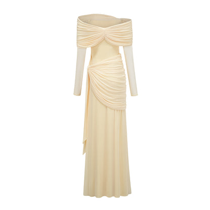 Elegant Off-Shoulder Slim-Fit Ruched Maxi Dress