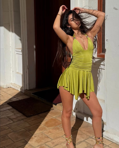 Backless Halter Dress with Metal Buckle & A-line Hem