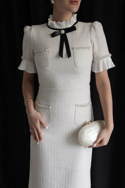 Elegant Tweed Midi Dress with Bow Tie Detail