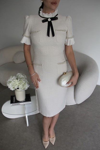 Elegant Tweed Midi Dress with Bow Tie Detail