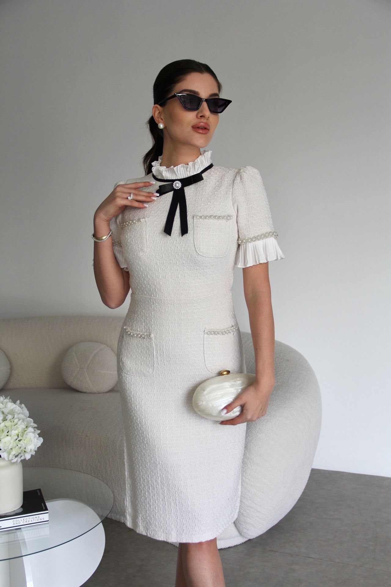 Elegant Tweed Midi Dress with Bow Tie Detail