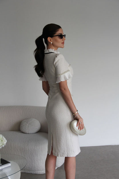 Elegant Tweed Midi Dress with Bow Tie Detail