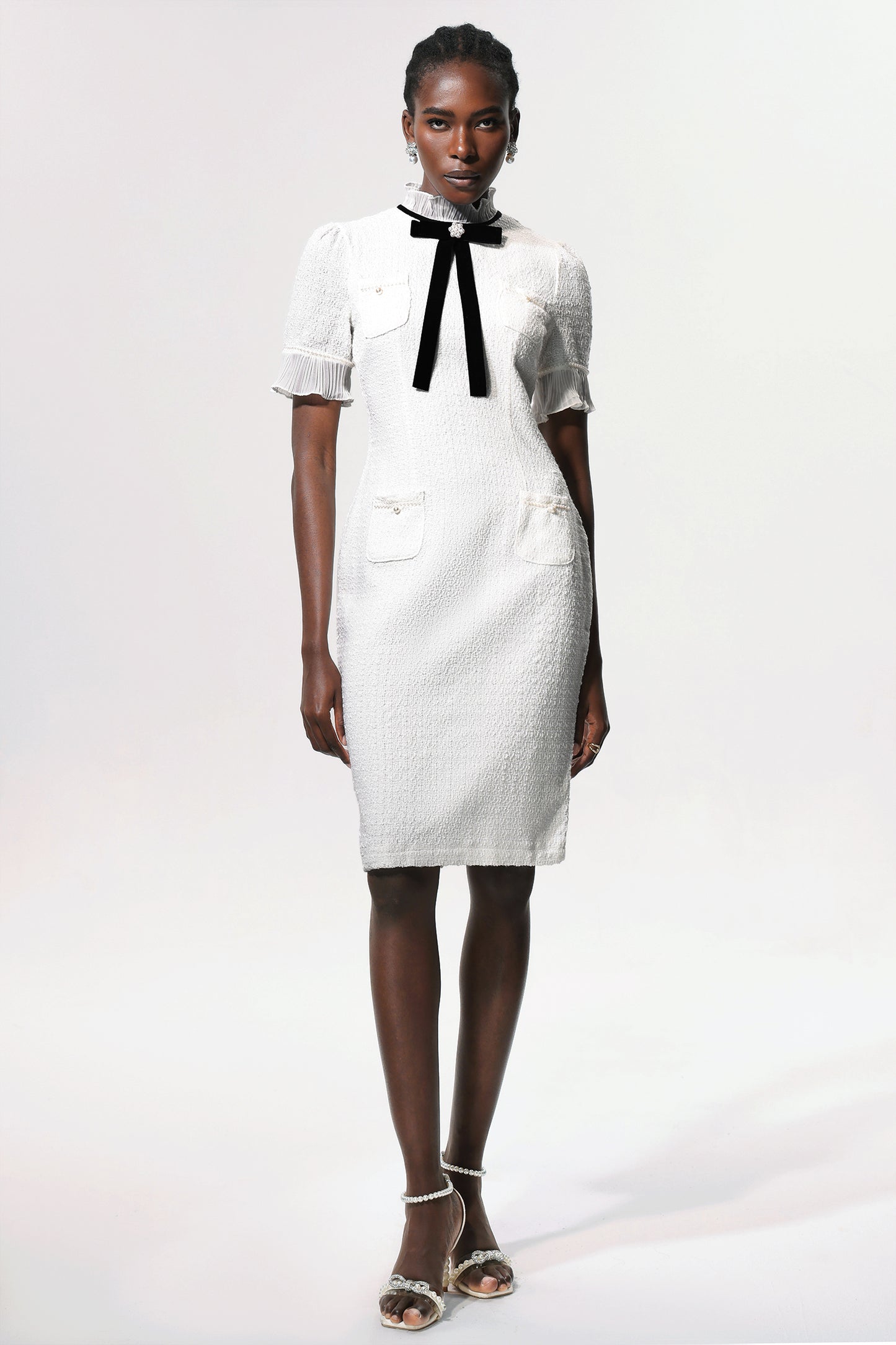 Elegant Tweed Midi Dress with Bow Tie Detail