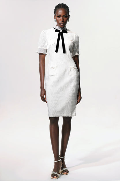 Elegant Tweed Midi Dress with Bow Tie Detail