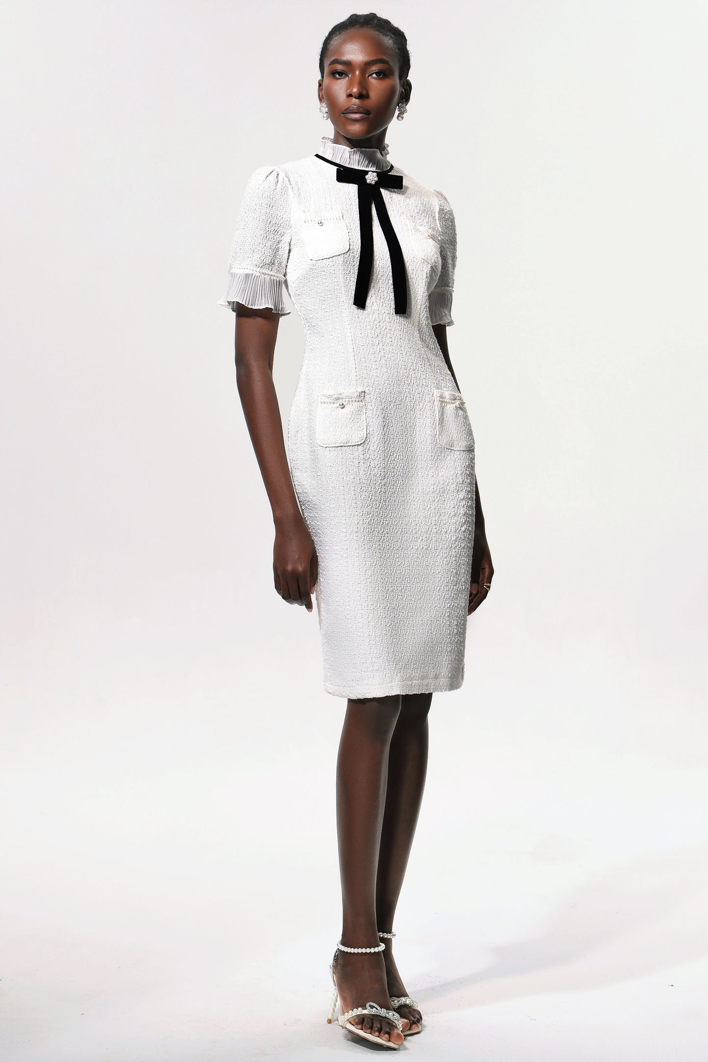 Elegant Tweed Midi Dress with Bow Tie Detail