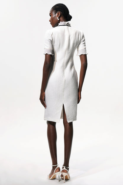 Elegant Tweed Midi Dress with Bow Tie Detail