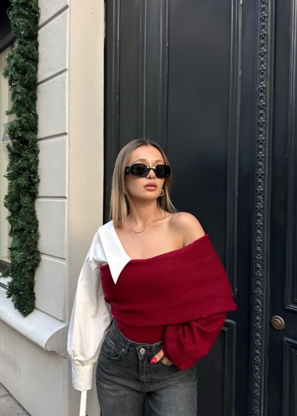Color-block Off-Shoulder Knit Sweater