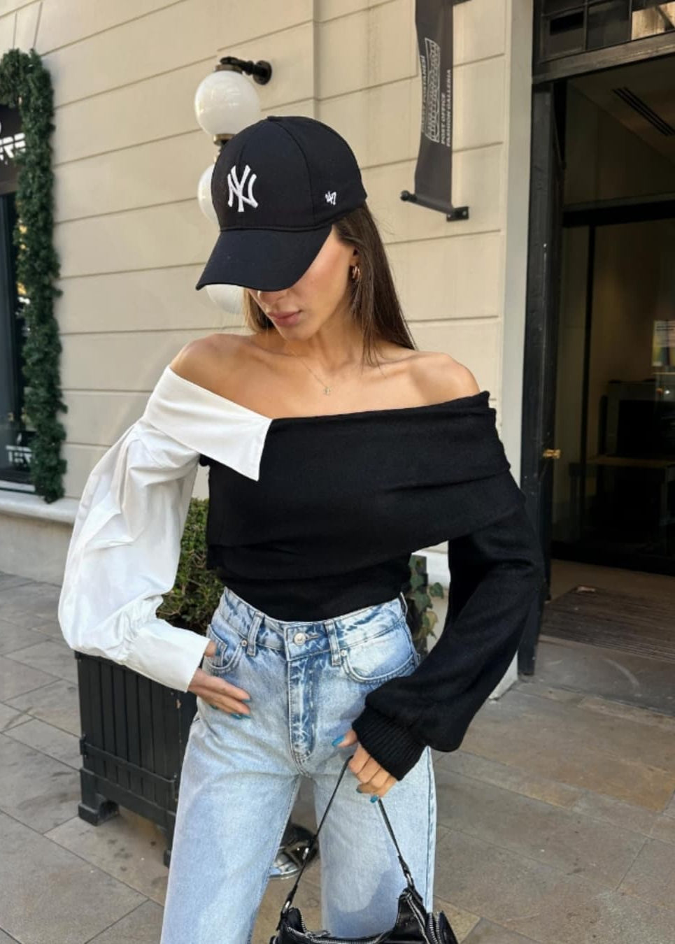 Color-block Off-Shoulder Knit Sweater