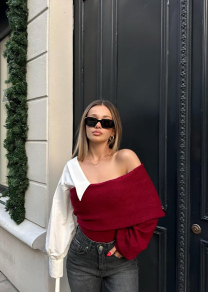 Color-block Off-Shoulder Knit Sweater