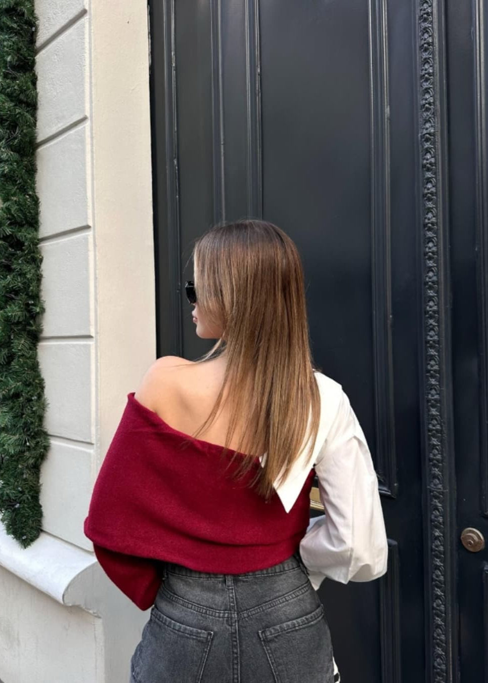 Color-block Off-Shoulder Knit Sweater