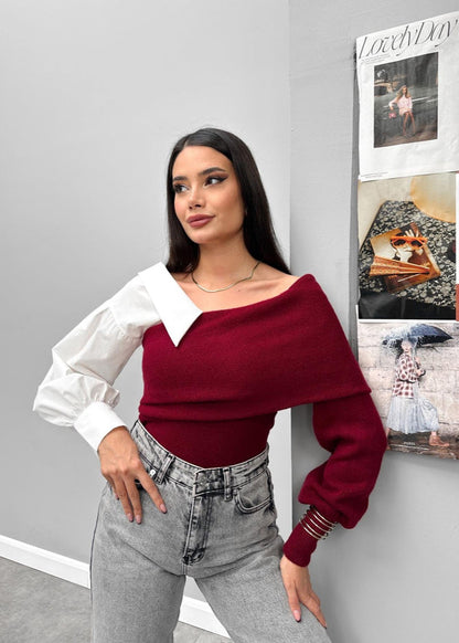 Color-block Off-Shoulder Knit Sweater