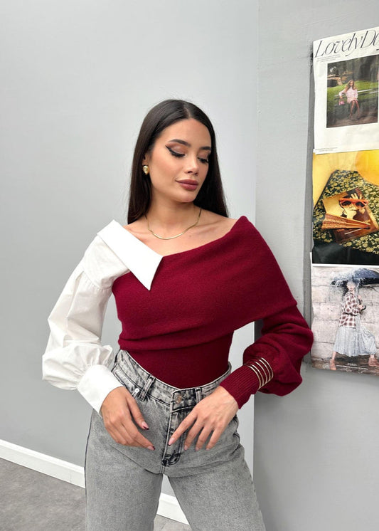 Color-block Off-Shoulder Knit Sweater