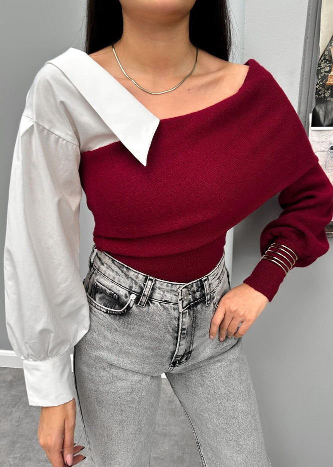Color-block Off-Shoulder Knit Sweater