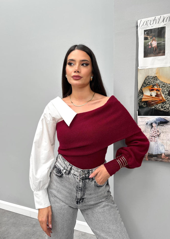 Color-block Off-Shoulder Knit Sweater