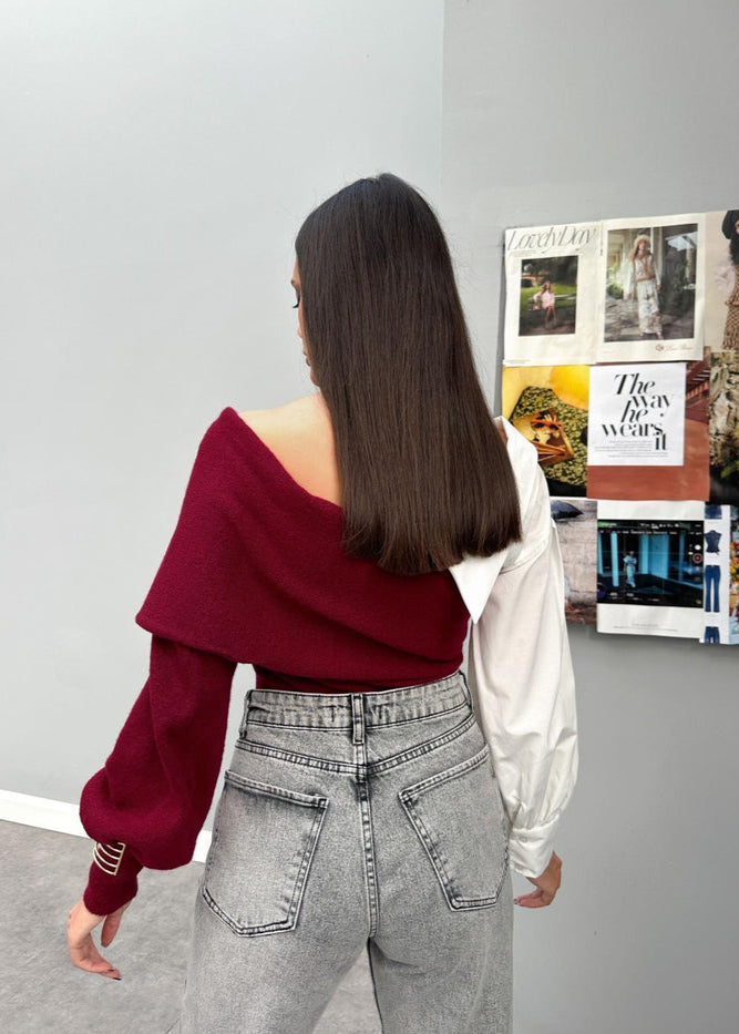 Color-block Off-Shoulder Knit Sweater