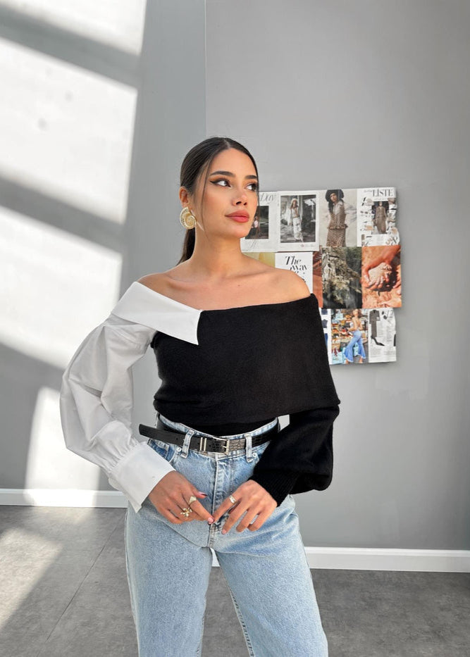 Color-block Off-Shoulder Knit Sweater