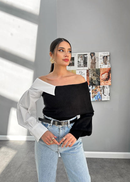 Color-block Off-Shoulder Knit Sweater