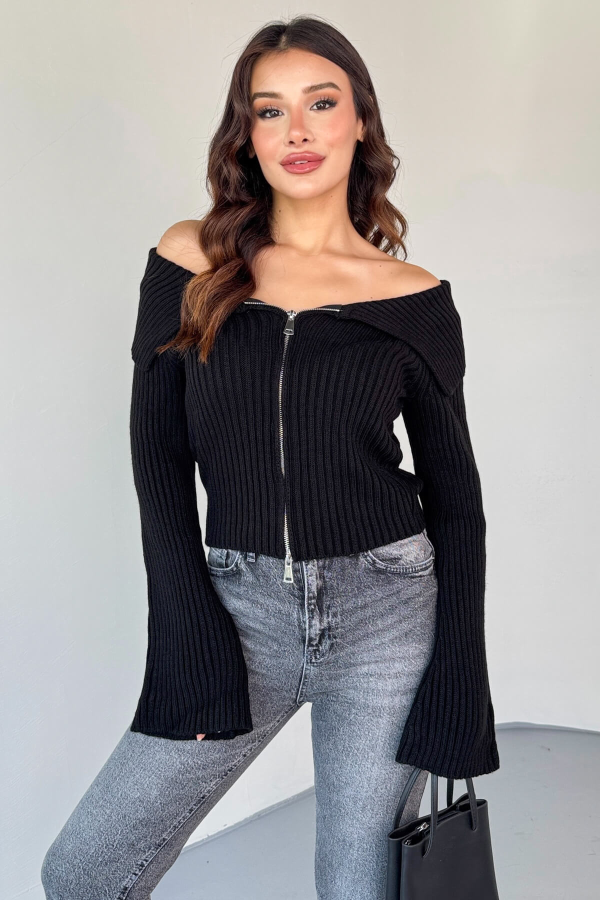 Design-Forward Double-Zip Ribbed Knit Cardigan