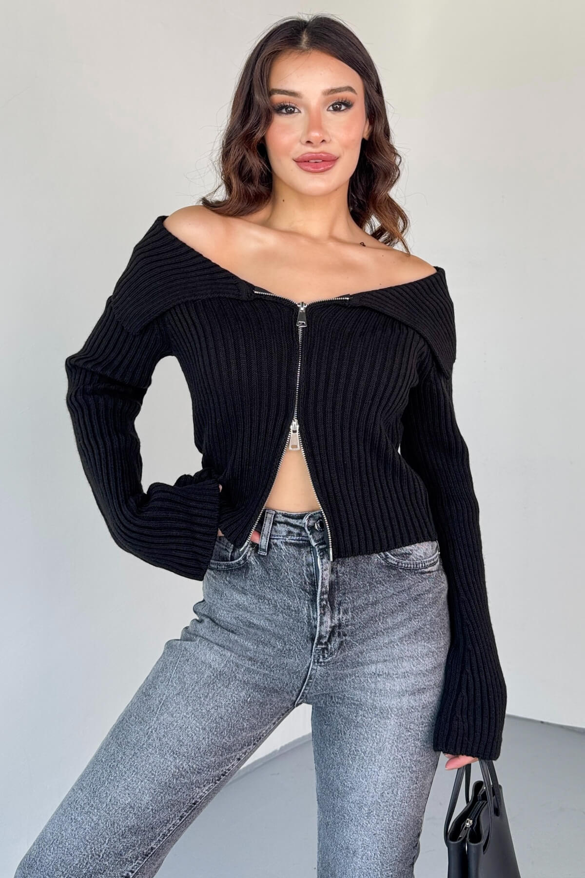 Design-Forward Double-Zip Ribbed Knit Cardigan