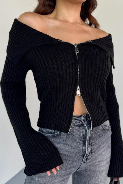 Design-Forward Double-Zip Ribbed Knit Cardigan