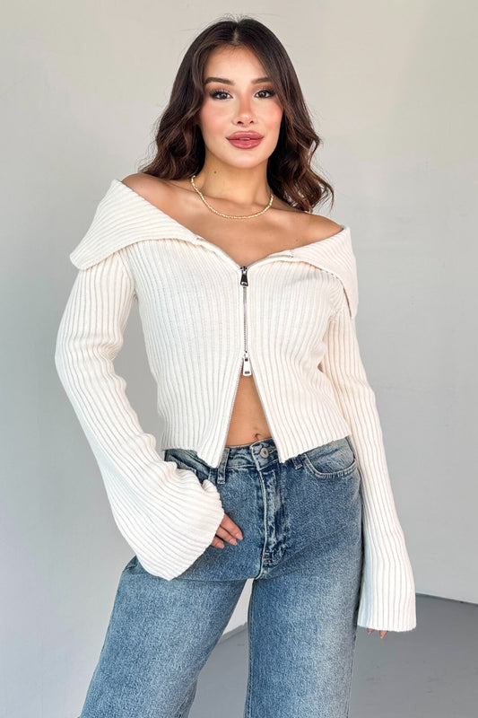 Design-Forward Double-Zip Ribbed Knit Cardigan