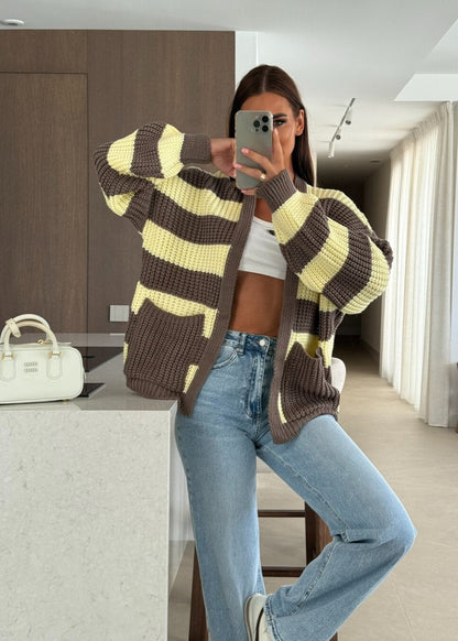 Striped Oversized Knit Cardigan with Pockets