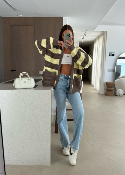 Striped Oversized Knit Cardigan with Pockets