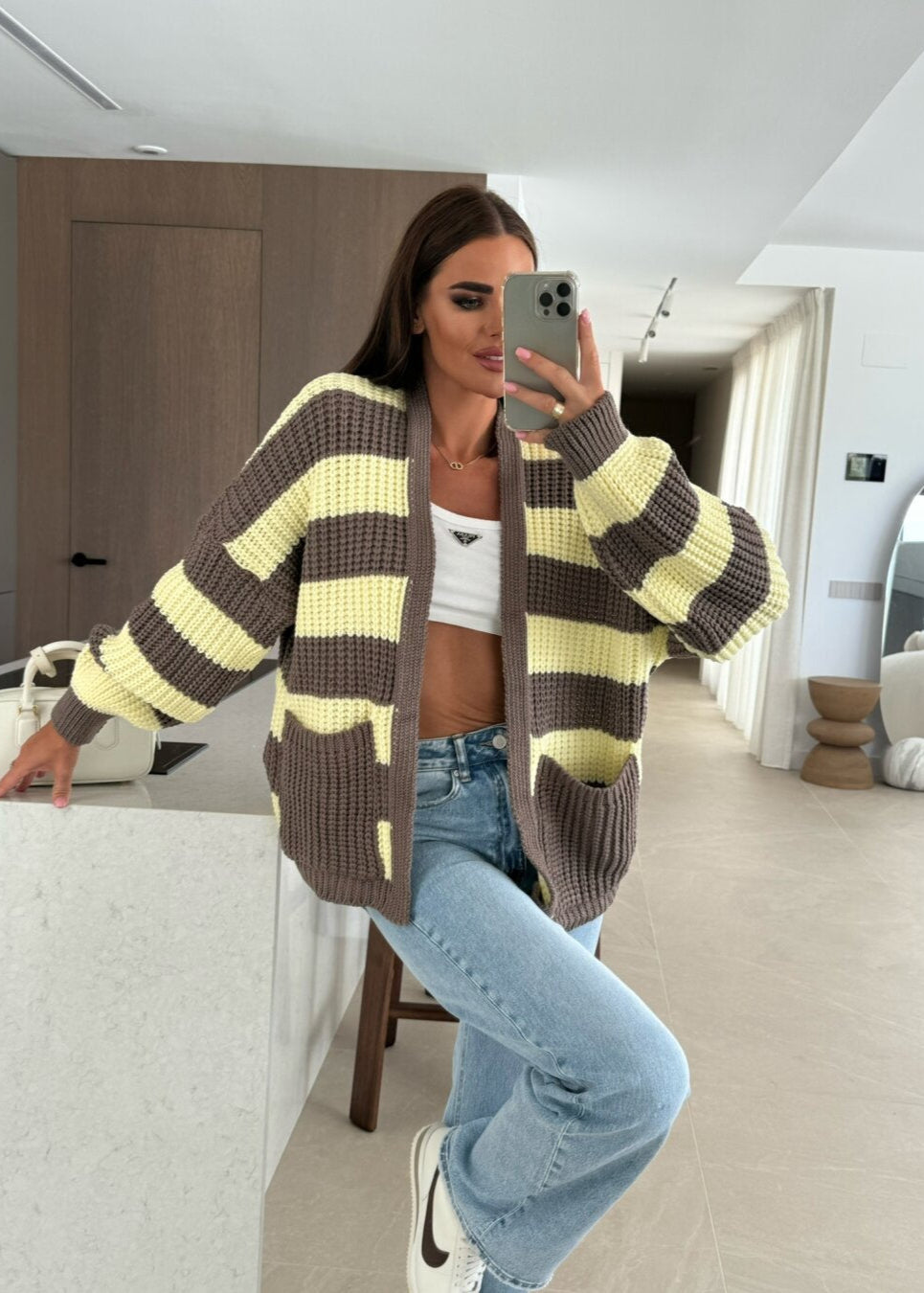 Striped Oversized Knit Cardigan with Pockets